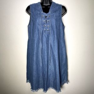 Umgee Denim Frayed Fringe Sleeveless Grommet Dress